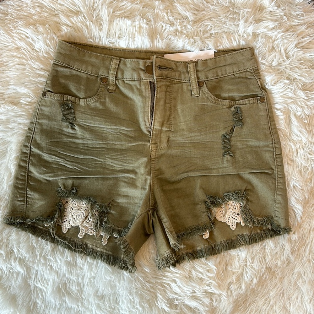 NWT Easel green denim shorts distress and lace details